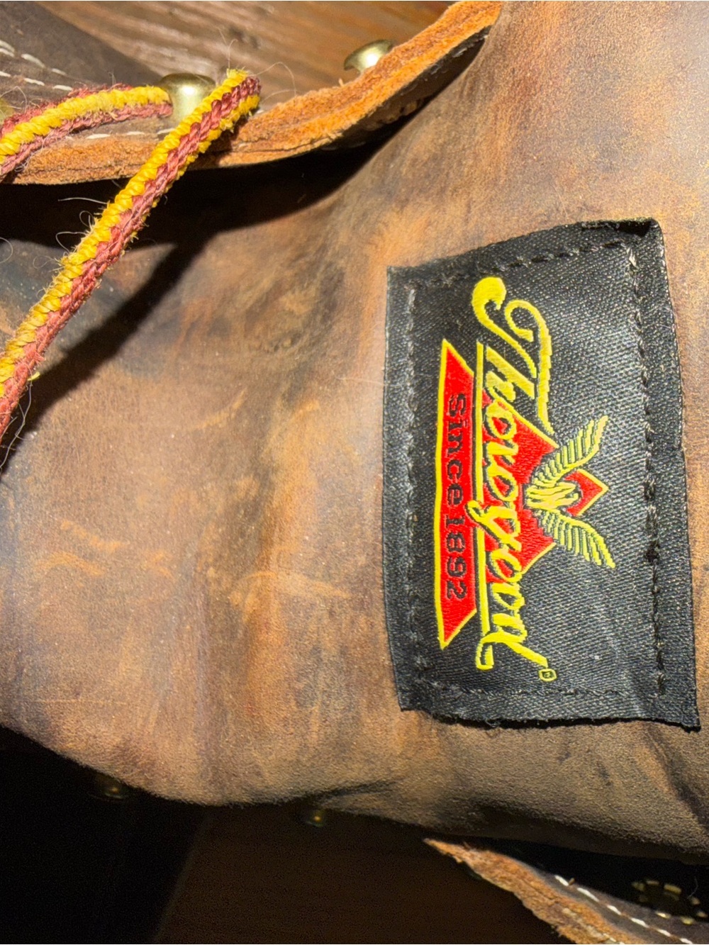 Thorogood Men's Brown Leather Work Boots with Yellow & Red Accents